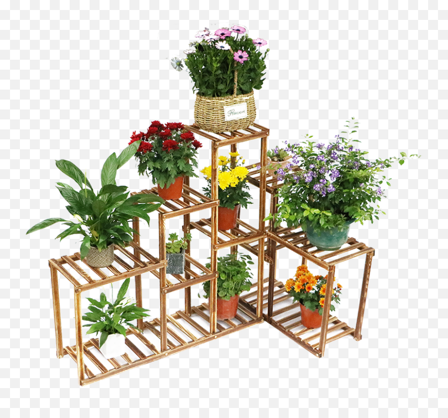 Download Hd Wooden Plant Stand 10 Tier Flower Pot Display - Wood Corner Plant Stand Outdoor Png,Flower Pot Png