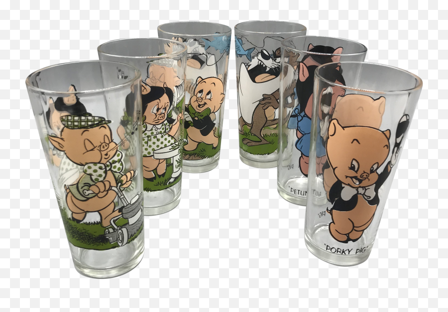 1973 Pepsi Loony Toons Porky And Petunia Pig Glasses - Set Of 6 Pint Glass Png,Porky Pig Png