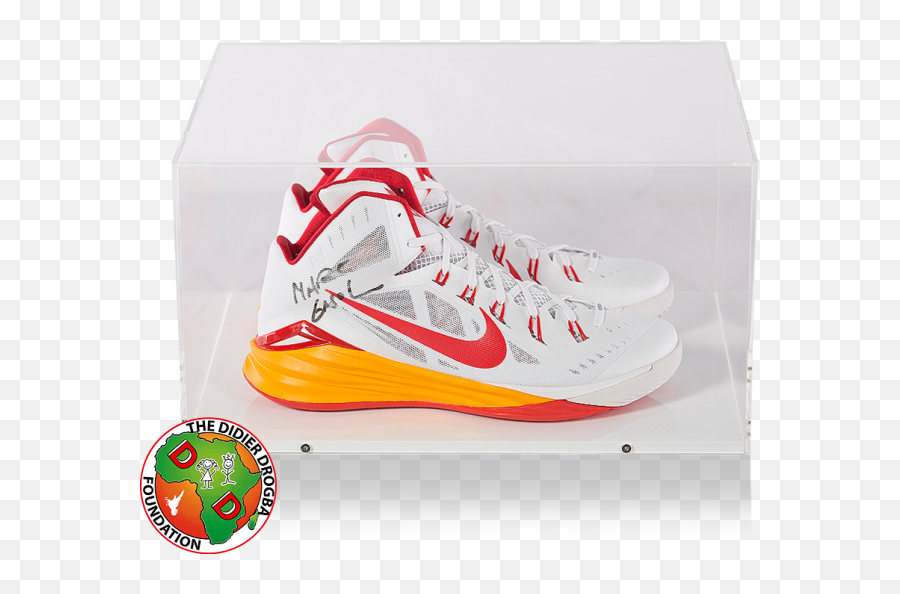 Marc Gasol Signed White Red And Orange Nike Basketball Shoes In Acrylic Case - Signed Shoes Png,Nike Shoe Png