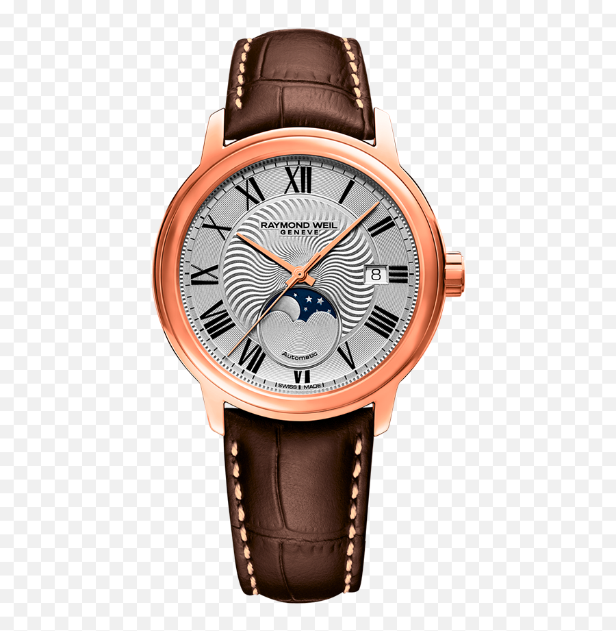 Moon Phase Brown Leather Mens Watch - Raymond Weil Gold Moon Phase Png,Moon Phase Png