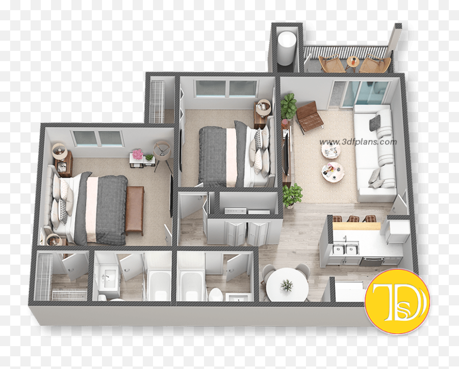 Download Multifamily 3d Floor Plan Layout - 2 Bedroom 3d Floor Plan Png,Floor Png