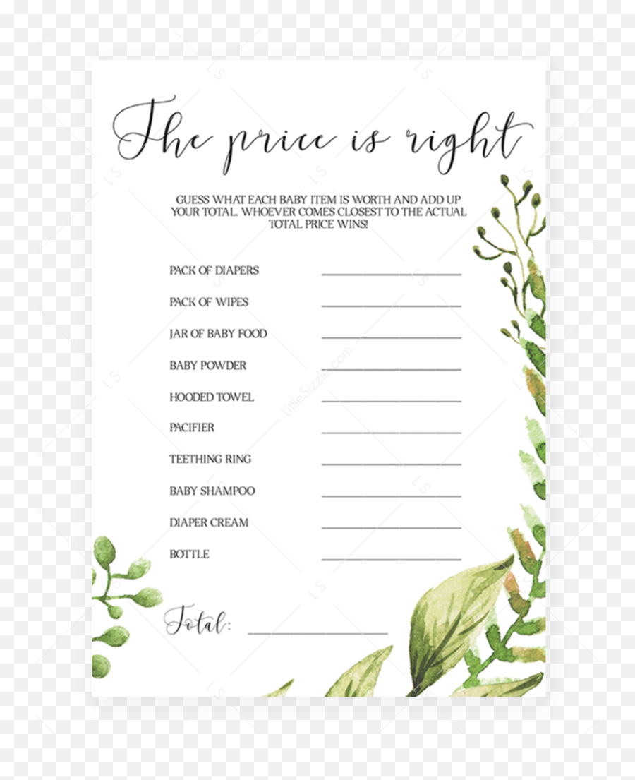 Download Guess The Price Baby Shower Game Printable Greenery - Baby Shower Prediction Cards Png,Greenery Png