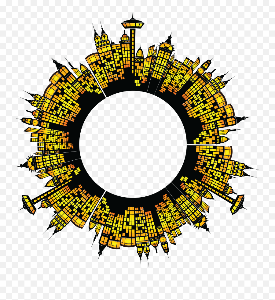 Free Clipart Of A Round Frame Glowing City Buildings - Clipart City Buildings Png,City Buildings Png