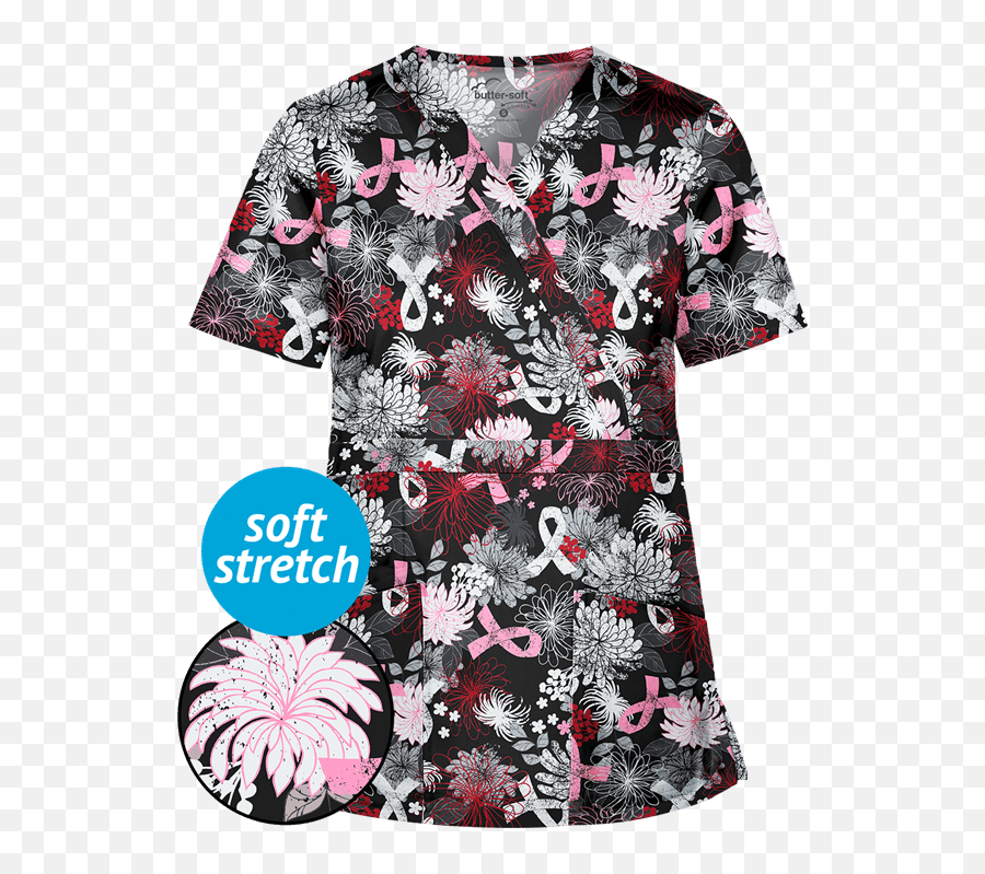 Black Cancer Ribbon Png - Ts428pif Breast Cancer Scrubs Au Uniform Advantage Buttersoft Stretch Pink Ribbon Floral,Breast Cancer Ribbon Png
