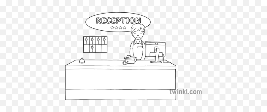 Receptionist Behind Desk Black And White Illustration - Twinkl Receptionist Cartoon Black And White Png,Receptionist Png