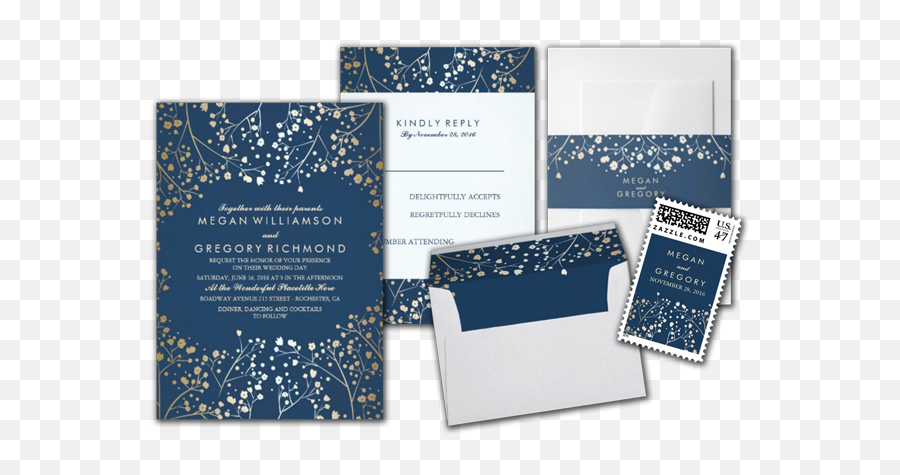 Gold Foil Navy Wedding Invitations - Baby Breath Wedding Card Png,Baby's Breath Png