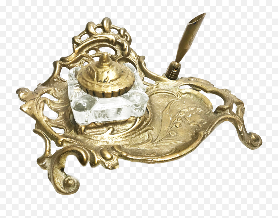Antique Art Nouveau Brass Inkwell Stand With Glass Ink Holder - Solid Png,Inkwell Png