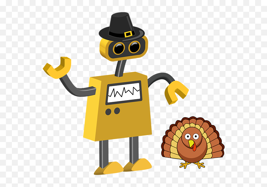 Pilgrim Bot And Turkey Robot Cartoon - Gobble Gobble On Thanksgiving Png,Pilgrim Hat Transparent