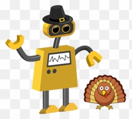 Pilgrim Bot And Turkey Robot Cartoon - Gobble On Thanksgiving png