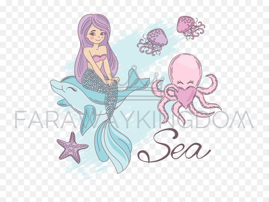 Mermaid Sea Cartoon Travel Tropical Vector Illustration Set - Vector Graphics Png,Mermaid Transparent Background