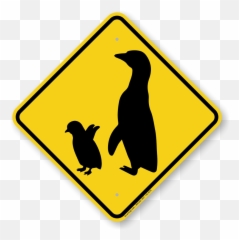 Penguin With Chick Crossing Sign - Yellow Warning SKU Traffic png