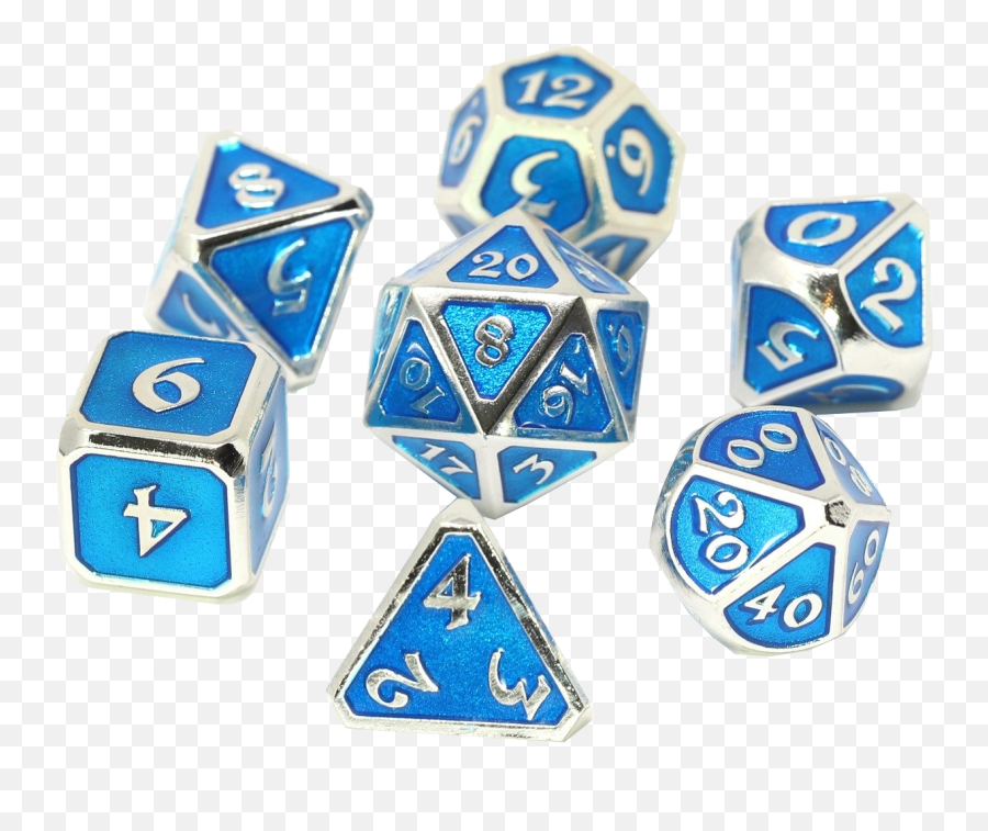 7 Sparkling Glitter Blue With Silver Numbers Poly Dice Set - Dice Png,Dnd Dice Png