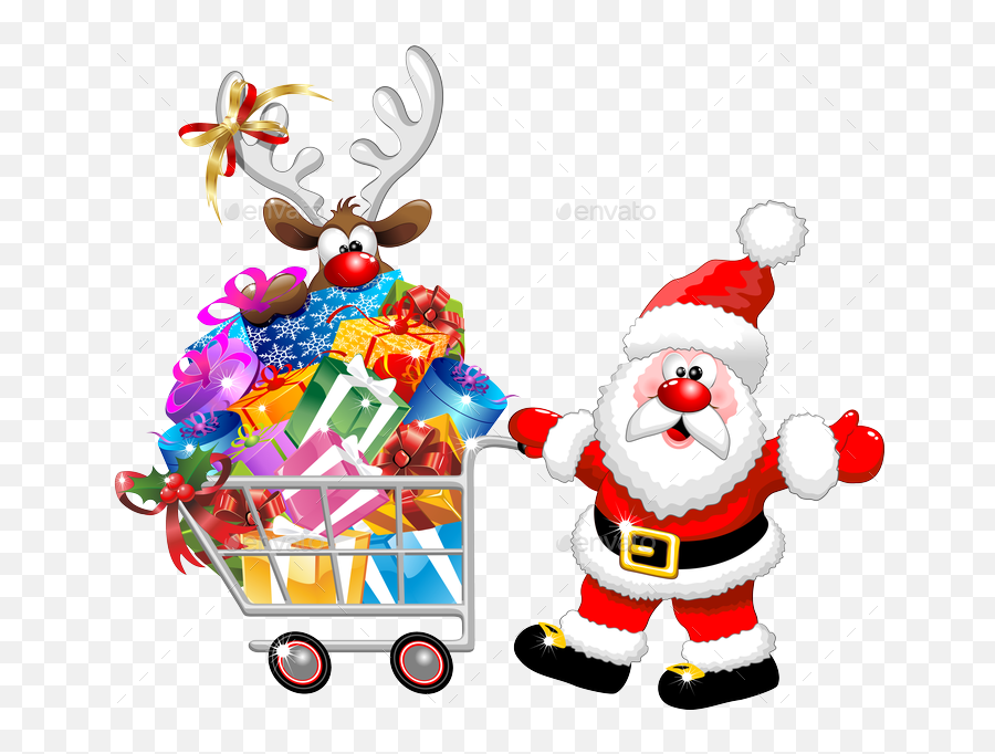 Santa And Reindeer Cartoon With Christmas Shopping - Christmas Shopping Png,Santa And Reindeer Png