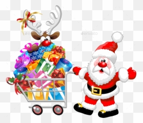 Santa And Reindeer Cartoon With Christmas Shopping - Png