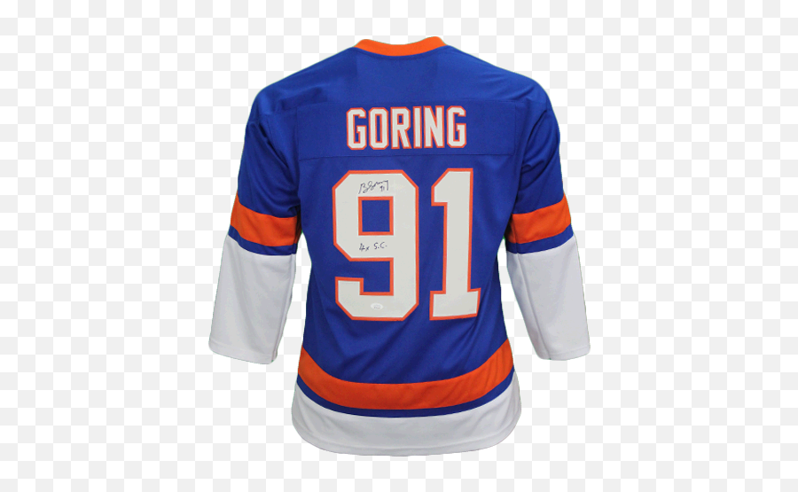 Butch Goring Autographed Pro Style New York Hockey Jersey Blue Jsa 4x Stanley Cup Inscription Included - Sports Jersey Png,Stanley Cup Png