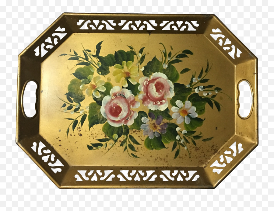 Vintage Tole Ware Gold Hand Painted Flowers Pierced Lattice Edge Tray - Garden Roses Png,Painted Flowers Png