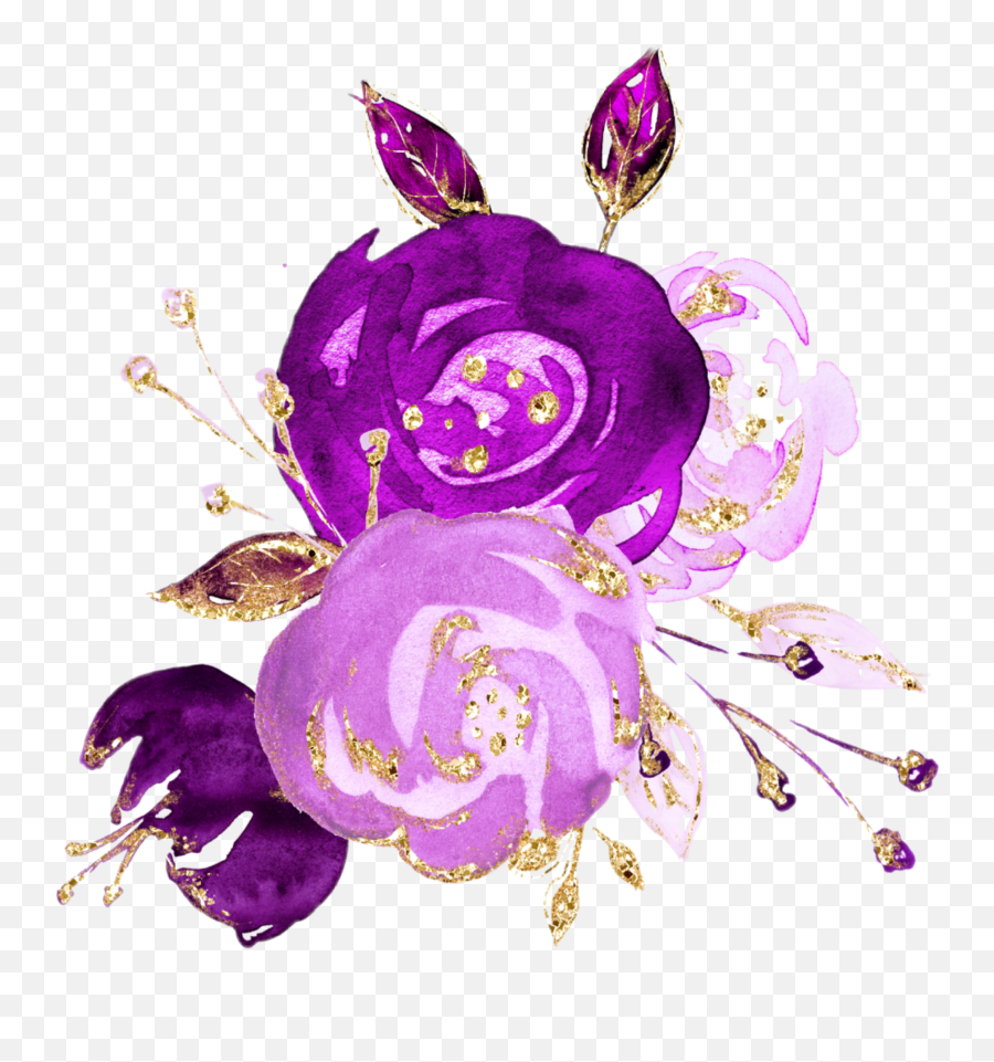 Watercolor Flowers Bouquet Bunch Purple Plum Gold Png - Gold Purple Flowers Transparent,Flowers Bouquet Png