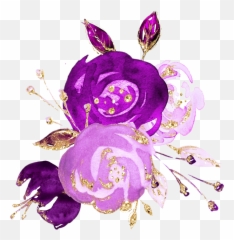 Watercolor Flowers Bouquet Bunch Purple Plum Gold Png - Gold Purple Flowers Transparent