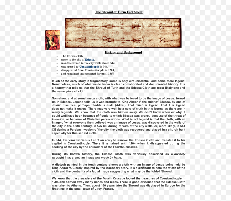 Doc Shroud Of Turin Fact Sheet Brian Cray - Academiaedu First Crusade Fact File Png,Shroud Png