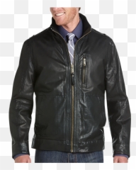 Marc New York Black Calfskin Leather Slim Fit Bomber Jacket - Long Sleeve png
