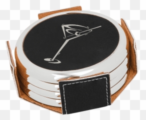 Black Round Coaster Set Silver Border With Custom Laser Engraving - Drink png