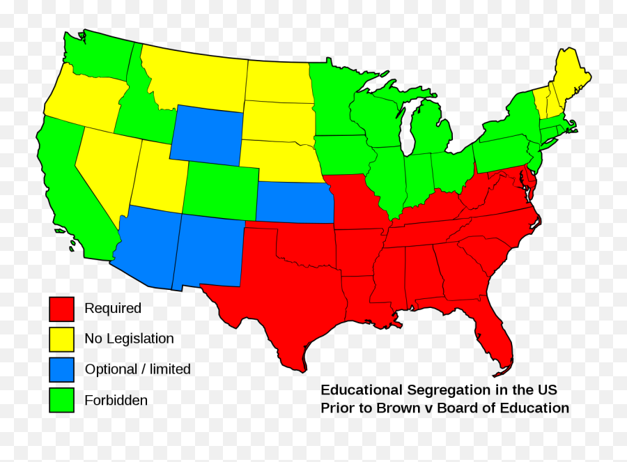 Us Prior To Brown Map - Were Segregated Schools Forbidden Png,United States Map Transparent