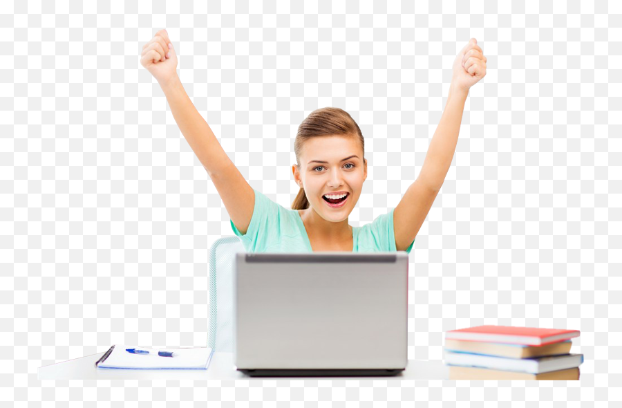 Woman With Laptop Raised Hands Up - Online Wellness Coach Png,Raised Hands Png