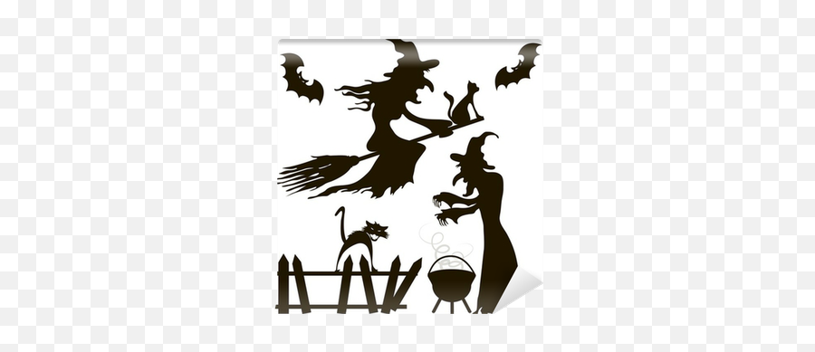 Halloween Set Of Silhouettes Witches Black Cats Bats Wall Mural U2022 Pixers - We Live To Change Halloween Wall Decoration Png,Halloween Bats Png