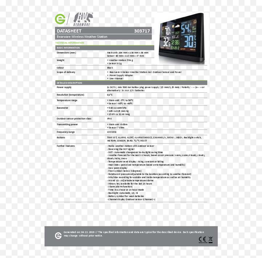 Bearware 303717 Wireless Weather Station Datasheet - Manuals Png,La Crosse Advanced Forecast Icon Wireless Weather Station