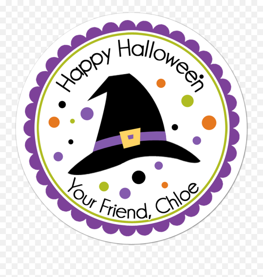 Witch Hat Personalized Halloween Sticker - Black Circle Scalloped Border Png,Witch Hat Transparent