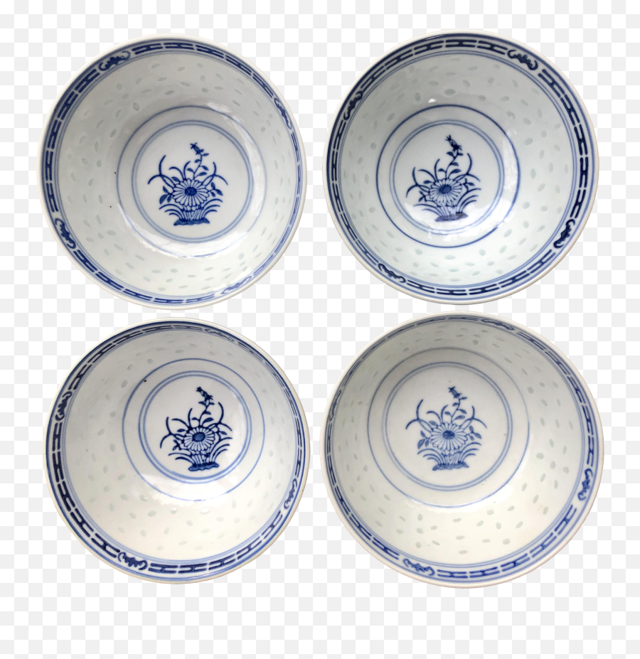 Vintage Chinese Floral Porcelain Translucent Rice Ware Bowls - Set Of 4 Blue And White Porcelain Png,Rice Transparent