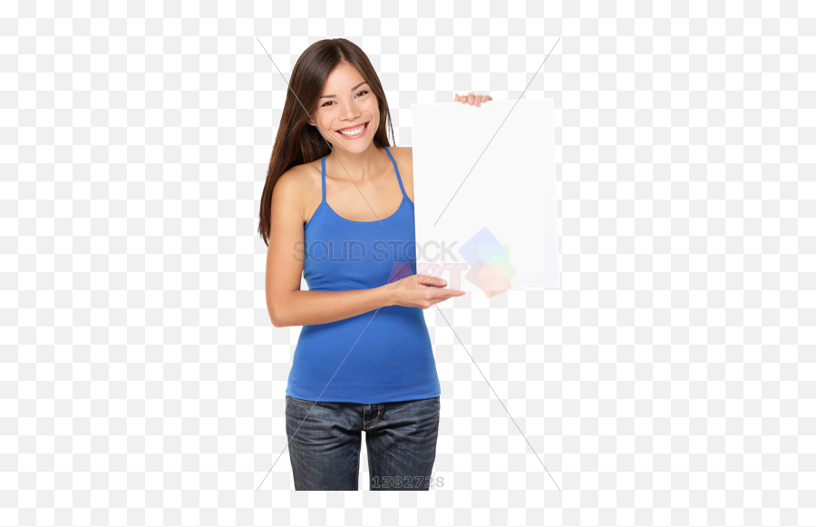 Stock Photo Of Happy Asian Brunette In Blue Tank Showing Blank Sign - Girl Png,Asian Girl Png