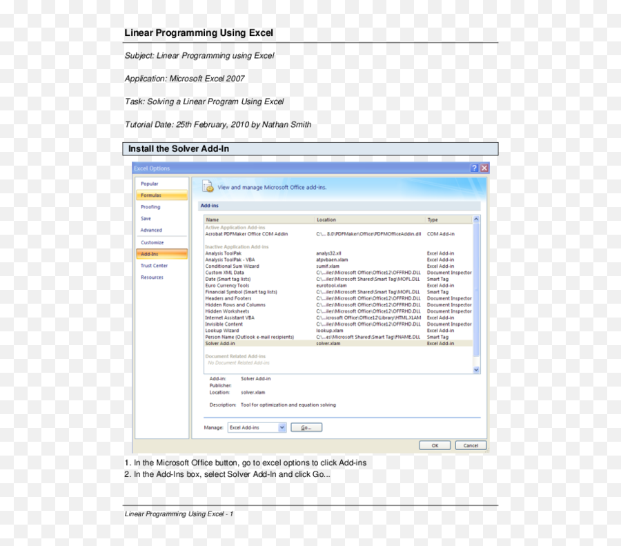 Pdf Linear Programming Using Excel Sajivan Suntharalingam - Vertical Png,Microsoft Excel 2007 Icon