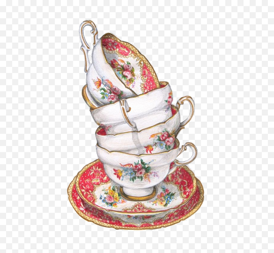 Teacup Stack - Floral Png Transparency Overlay For Vintage Tea Cup Drawings,Tea Set Png