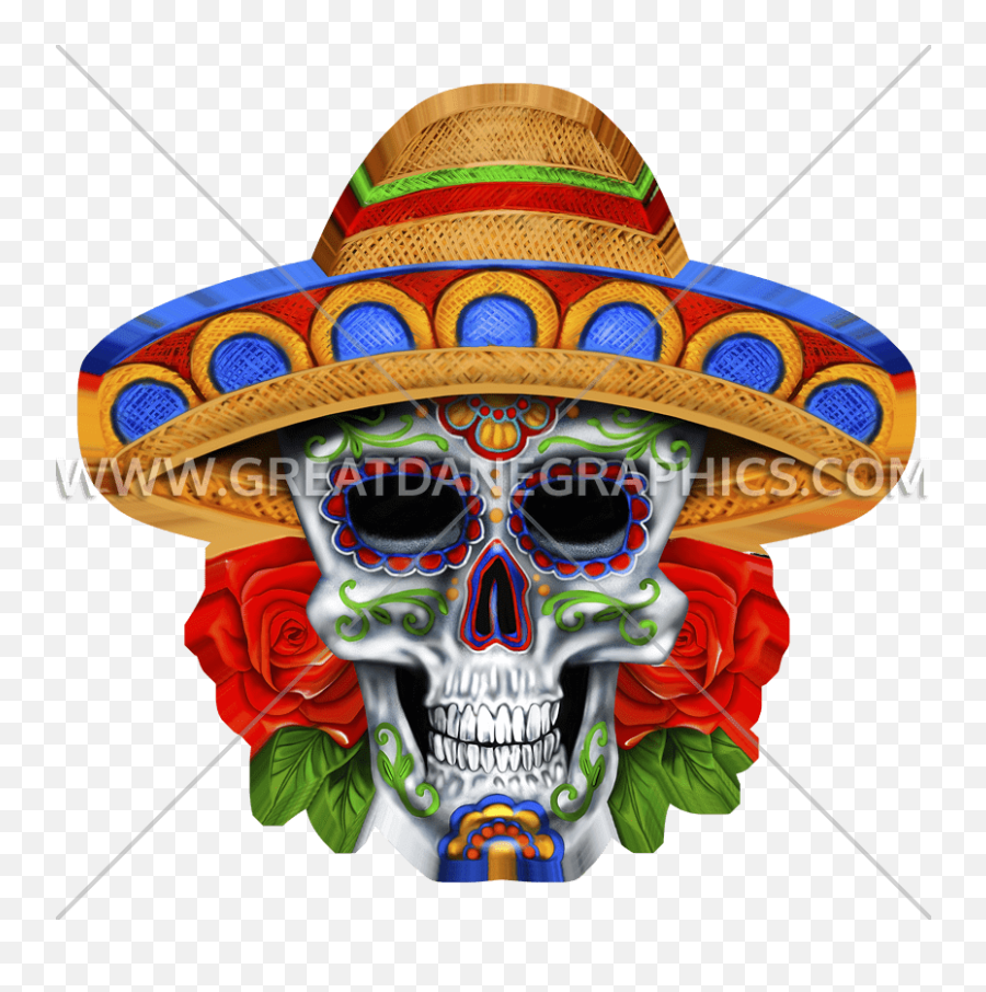 Sugar Skull Sombrero Production Ready Artwork For T - Shirt Skull In Mexican Sombrero Png,Sombrero Transparent Background