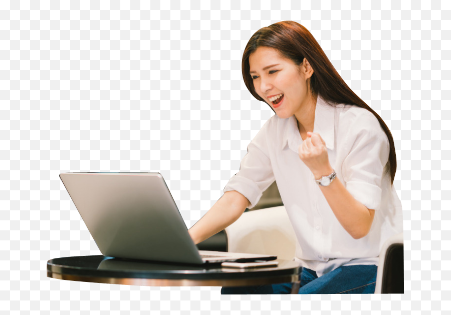Download Hd Asian Business Women Using Notebook And Smiling - Woman With Laptop Hd Png,Happy Png