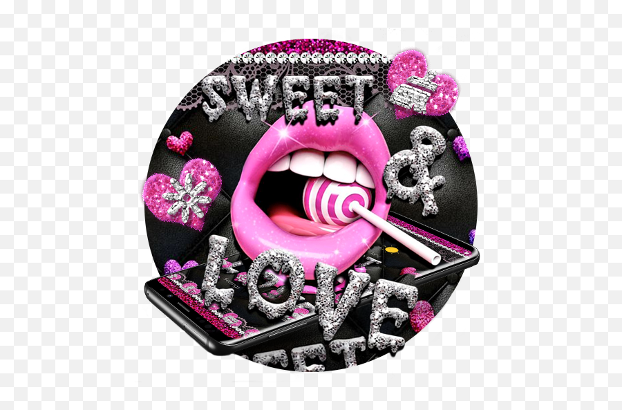 Updated Glitter Pink Lips Sweet Love Theme Pc Android - Girly Png,Lollipop Icon Pack