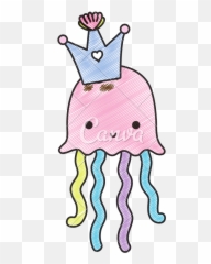Doodle Cute Jellyfish Marine Animal With Crown - Icons by Canva Clipart Black And White png