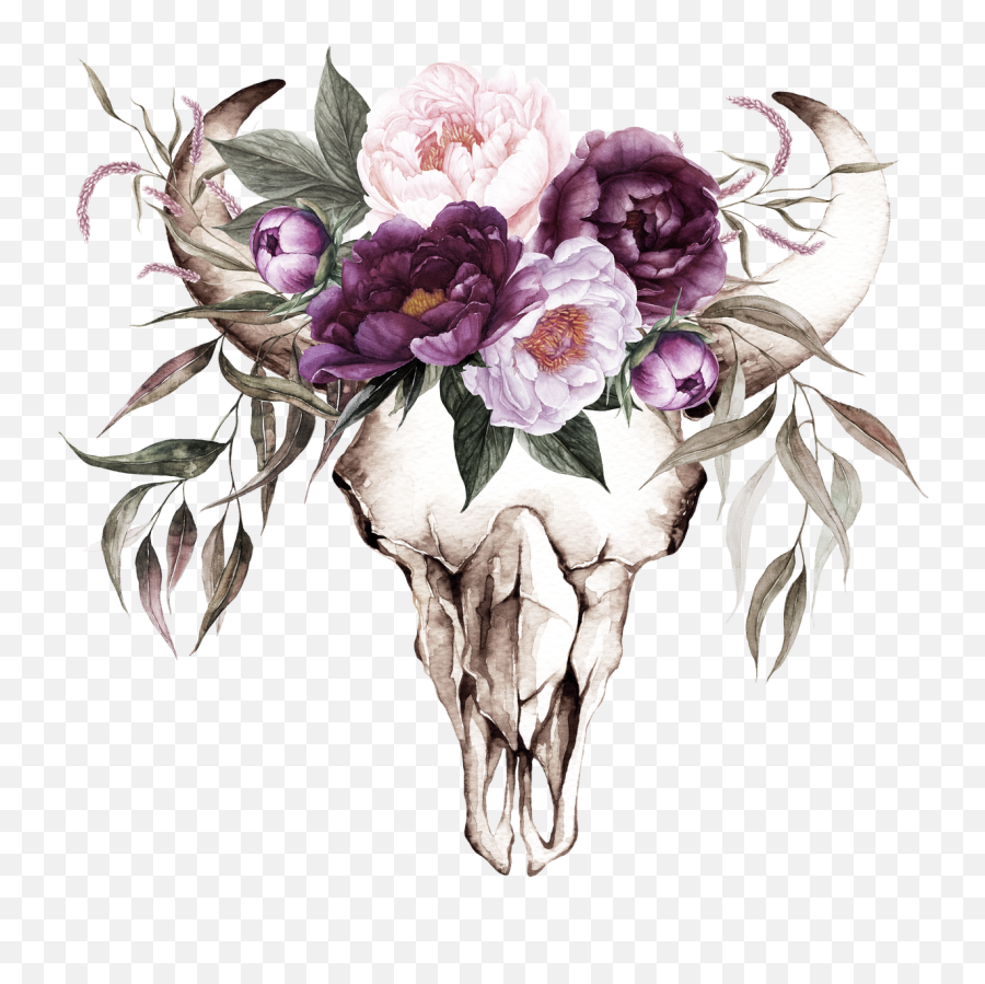 Plum Color Floral Wedding Invitations - Cow Skull With Flowers Png,Cow Skull Png