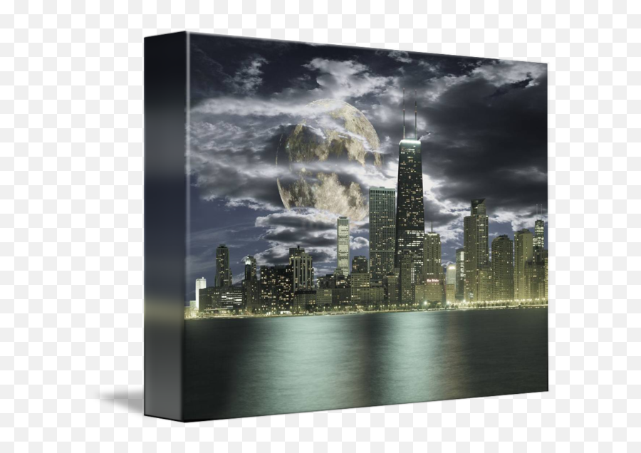 Chicago Skyline With Large Full Moon In Background By Morgan Howarth - Skyscraper Png,Full Moon Transparent Background