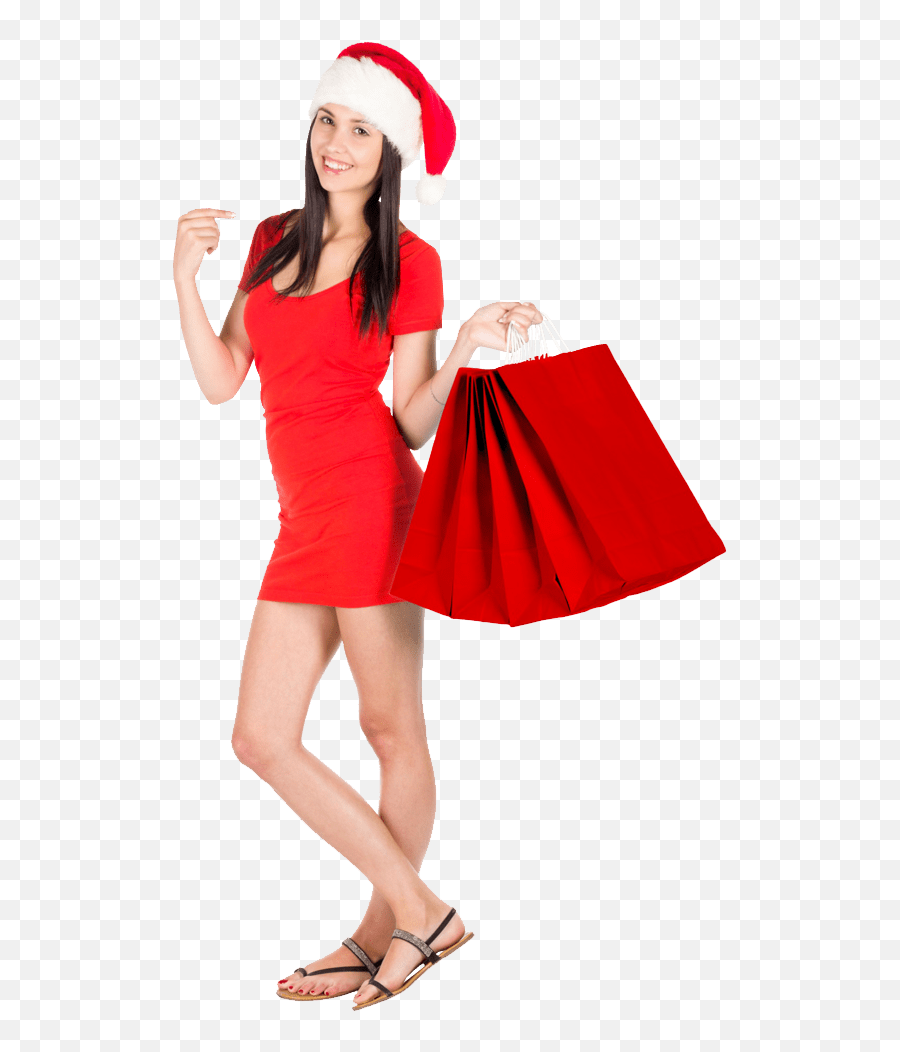 Christmas Shopping Lady With Bag In Santa Suit No - Christmas Shopping Woman Png,Suit Transparent Background