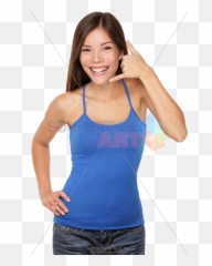 Stock Photo Of Smiling Asian Brunette In Blue Tank Gesturing Call Me With Left Hand - Telefon Kézjel Png,Asian Girl Png