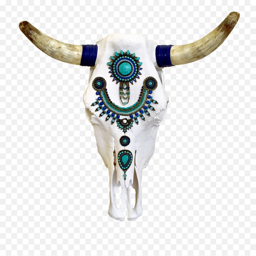 Turquoise And Royal Blue Beaded Cow Skull - Animal Figure Png,Cow Skull Png