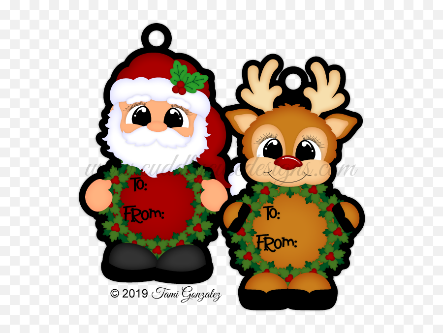 Wreath Tag Cuties - Santa U0026 Reindeer Cartoon Png,Santa And Reindeer Png