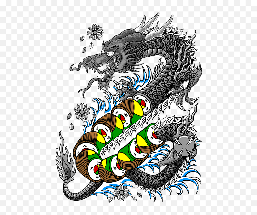 Dragon Roll - Japanese Style Tattoo Dragon W Dragon Roll Sushi Greeting Card Dragon Tattoo Japanese Style Png,Dragon Tattoo Transparent