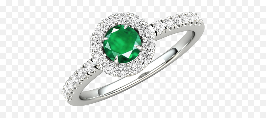 Round Cut Emerald And Diamond Ring With Shoulder Stones In - Emerald Engagement Rings White Gold Png,Diamond Ring Png