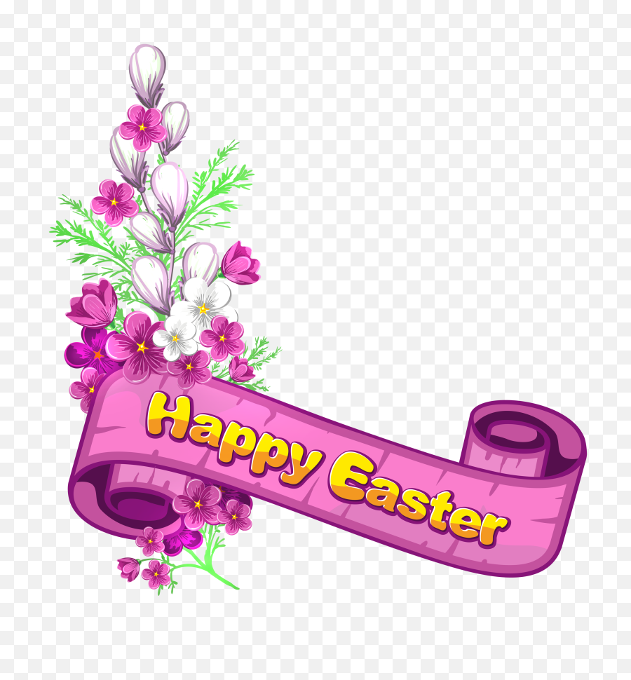 Pink Happy Easter Banner And Flowers - Religious Happy Easter Clip Art Png,Happy Easter Png