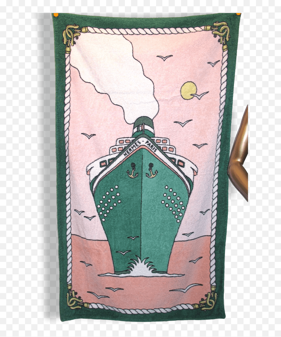 Hermes Vintage Pink Green Boat Paquebot Print Terry Cotton - Serviette De Plage Hermès Vintage Bateau Png,Beach Towel Png