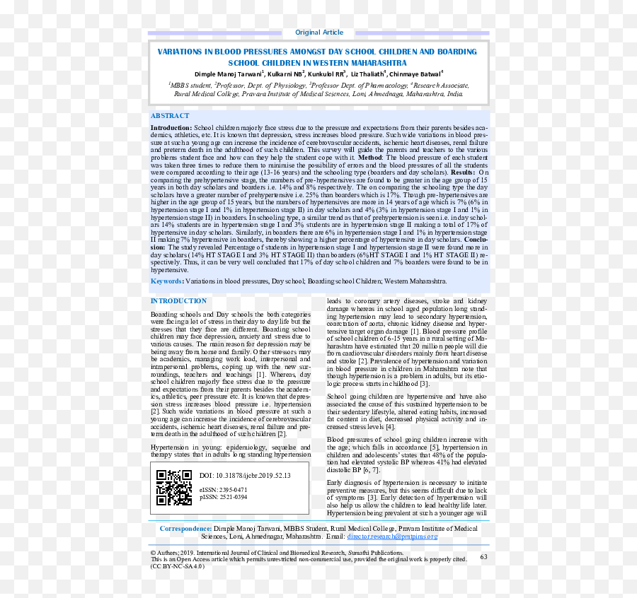 Pdf Variations In Blood Pressures Amongst Day School - Document Png,Icon Public School Ahmednagar