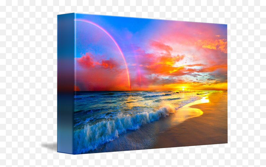 Download Pink Sunset Beach With Rainbow And Ocean Waves By - Beautiful Beach Sunset Ocean Png,Beach Waves Png